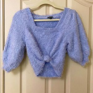 🎯 - Dusky blue fuzzy square-neck puff sleeve cropped sweater 🫐